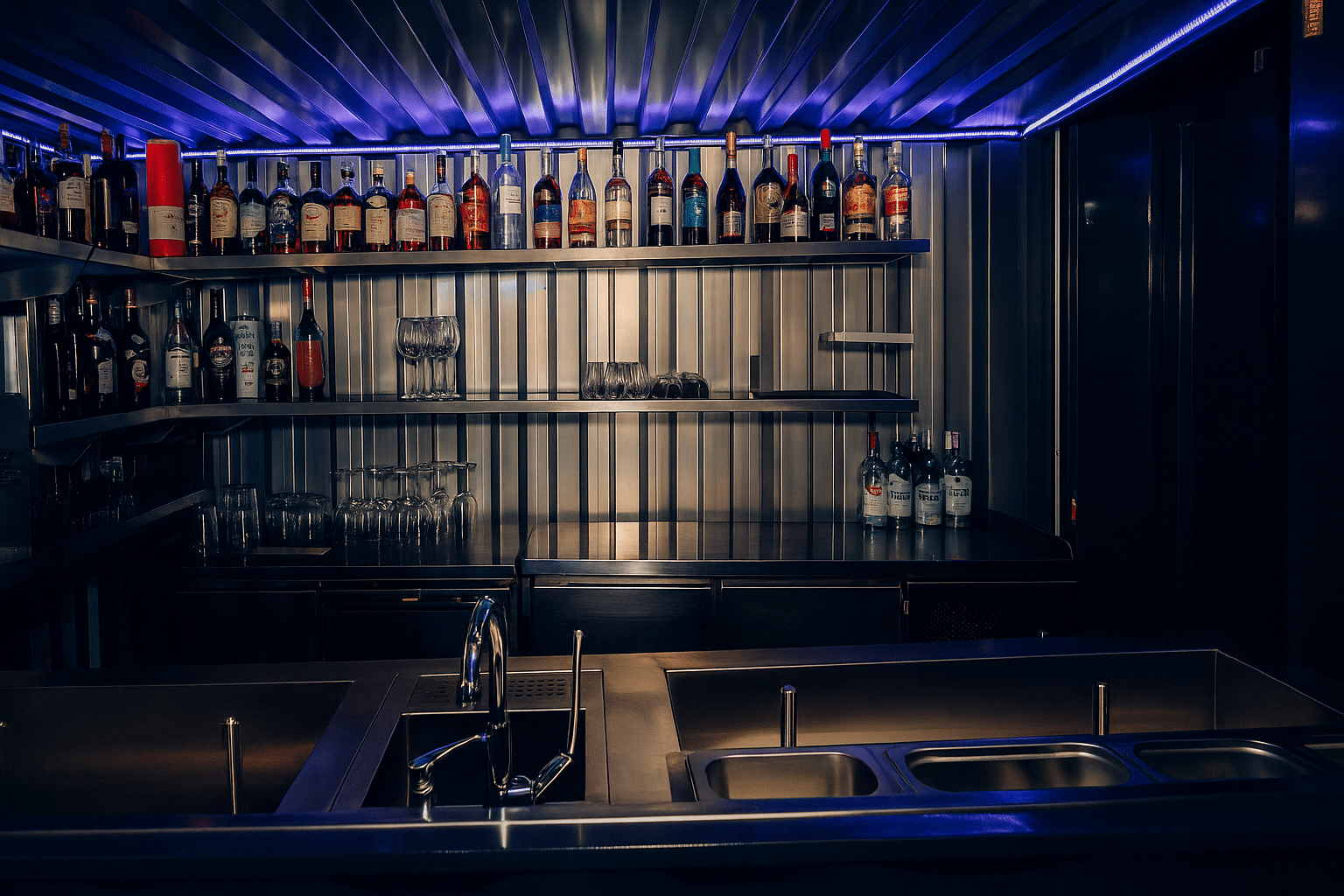 Bar industriel moderne : bouteilles et ambiance LED bleue Bar moderne aux accents industriels, éclairé par des LED bleues, avec étagères en métal remplies de bouteilles d'alcool et verres.